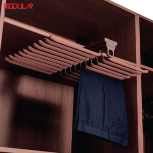 Premium pull-out trouser rack installed inside a modern wooden wardrobe for organized pants storage and easy access.