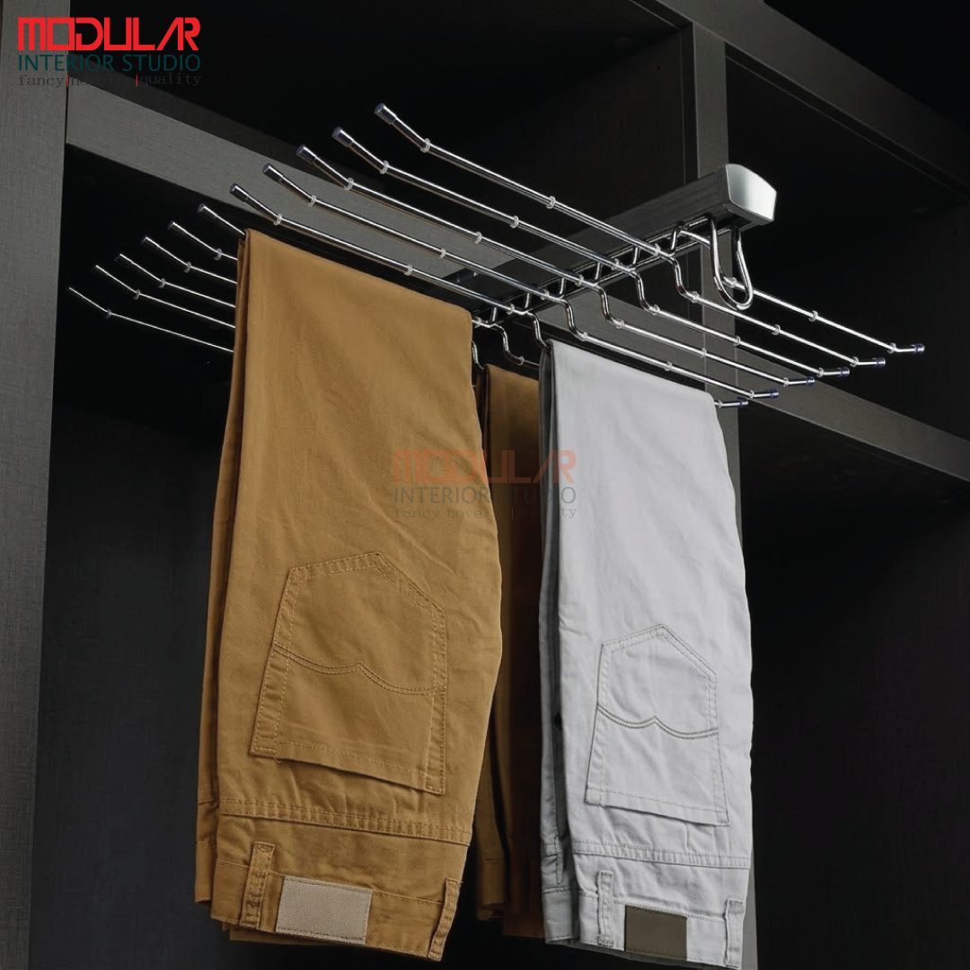 Organize your wardrobe with the WellMax Double Row Pull Out Trousers Organizer. Top-mounted pants rack with multiple hanging rods for easy access, space-saving storage and wrinkle-free clothing organization.